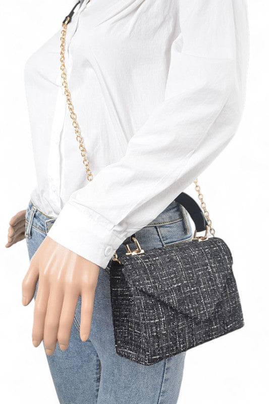 Tweed Fabric Top Handle Crossbody Swing Bag