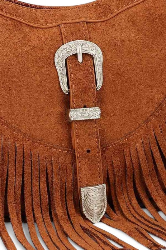 Western Buckle Faux Suede Fringe Bag