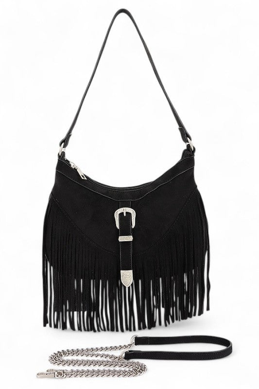Western Buckle Faux Suede Fringe Bag