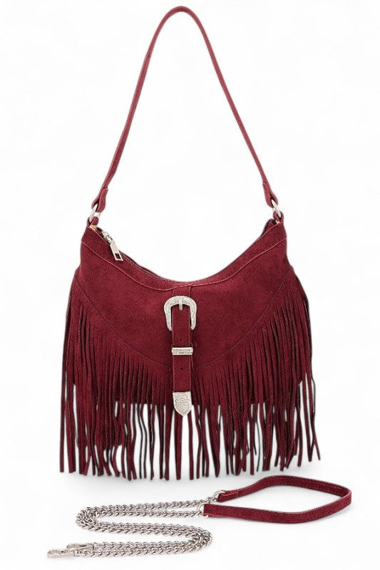 Western Buckle Faux Suede Fringe Bag