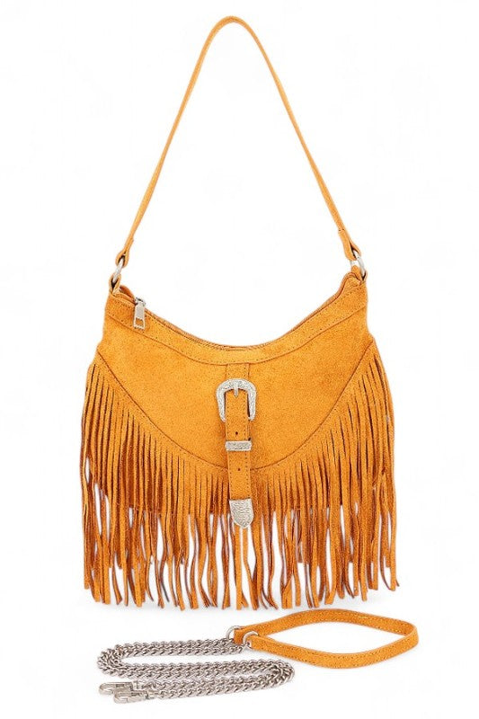 Western Buckle Faux Suede Fringe Bag