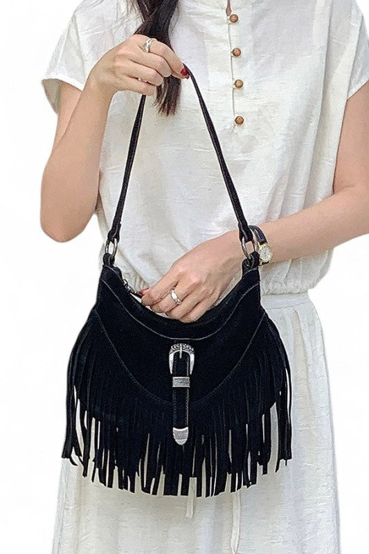 Western Buckle Faux Suede Fringe Bag