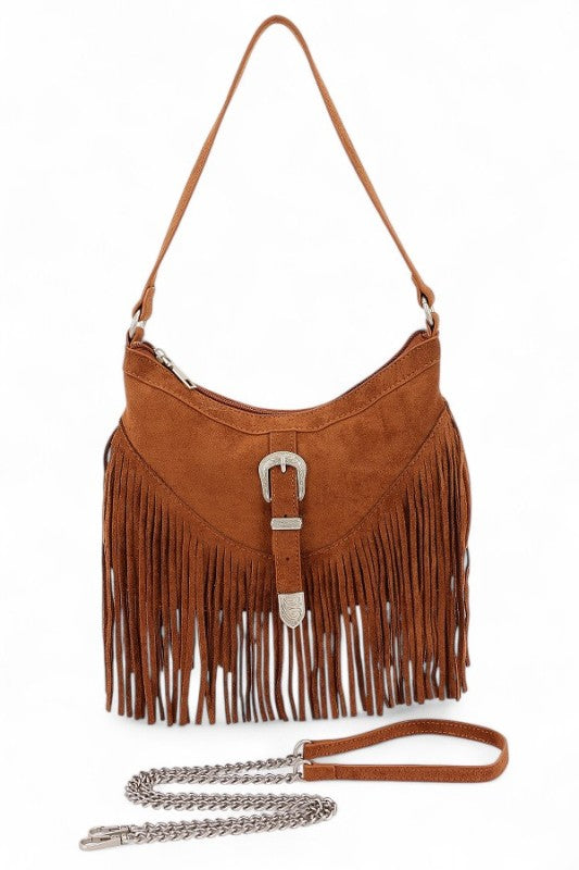 Western Buckle Faux Suede Fringe Bag