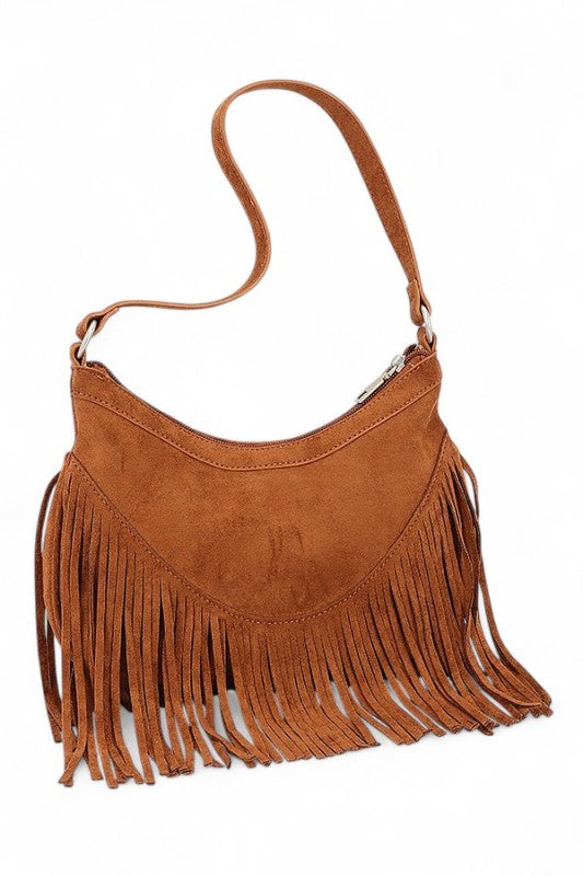 Western Buckle Faux Suede Fringe Bag