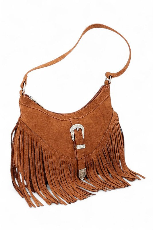 Western Buckle Faux Suede Fringe Bag