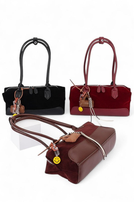 Top Handle Faux Suede Boxy Shoulder Bag