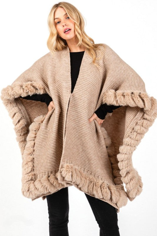 Faux Fur Trim Winter Cape Cardigan