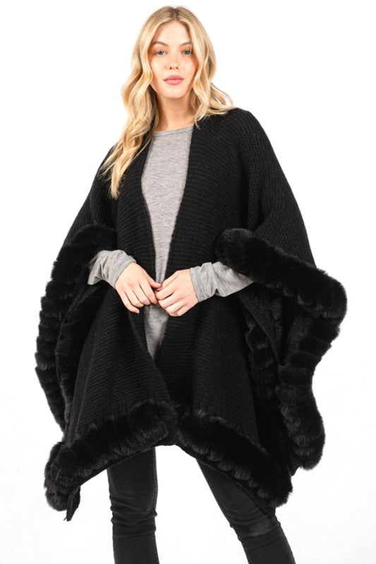Faux Fur Trim Winter Cape Cardigan