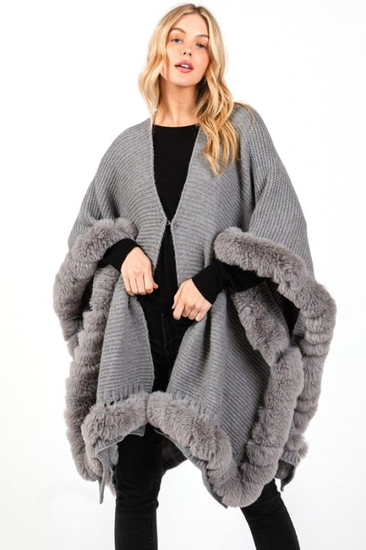 Faux Fur Trim Winter Cape Cardigan