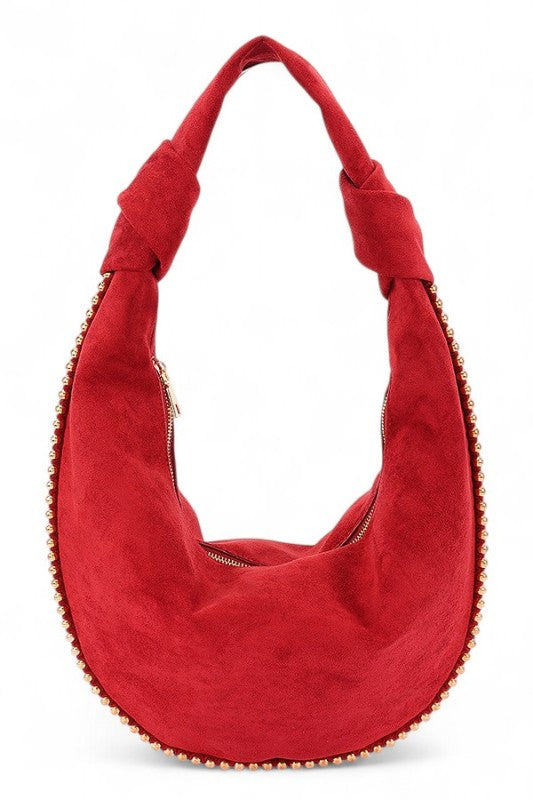 Faux Suede Metal Beads Accent Slouchy Hobo