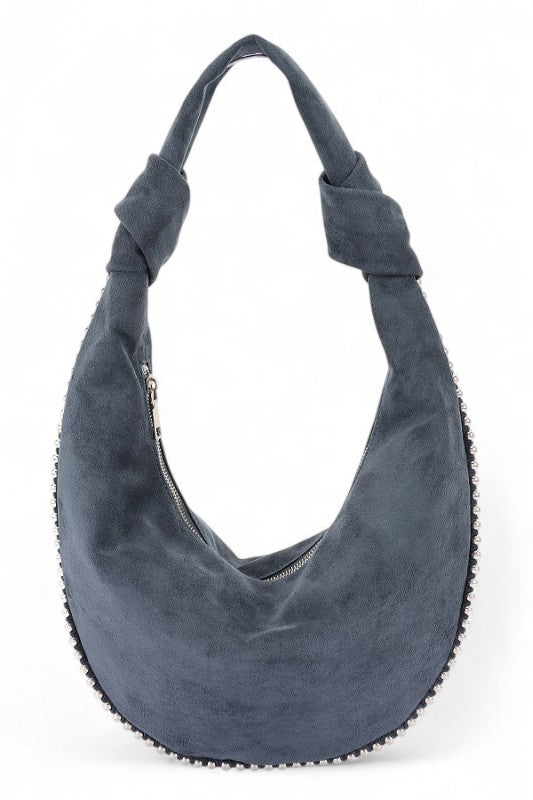 Faux Suede Metal Beads Accent Slouchy Hobo