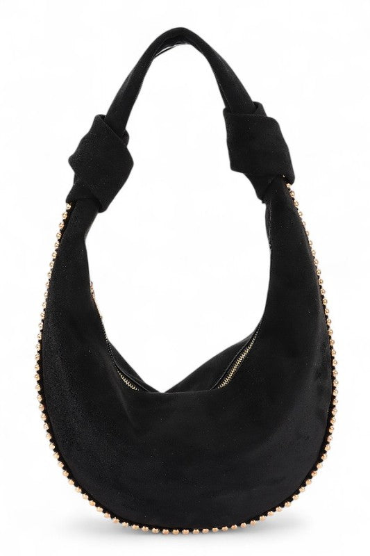 Faux Suede Metal Beads Accent Slouchy Hobo