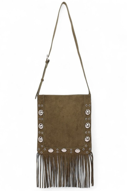 Metal Studs Fringe Faux Suede Crossbody Bag