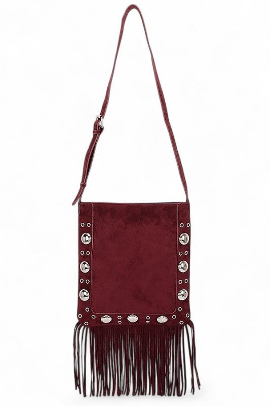 Metal Studs Fringe Faux Suede Crossbody Bag