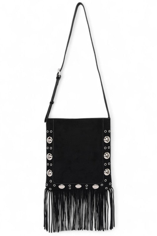 Metal Studs Fringe Faux Suede Crossbody Bag