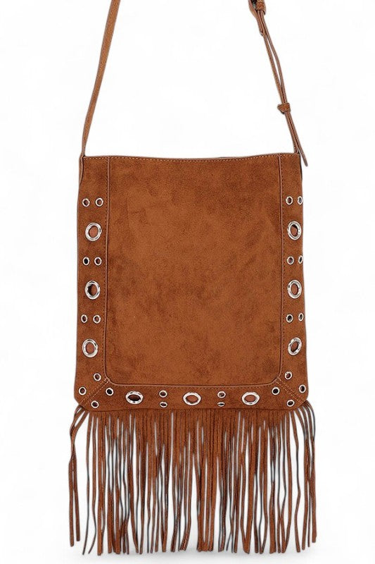 Metal Studs Fringe Faux Suede Crossbody Bag