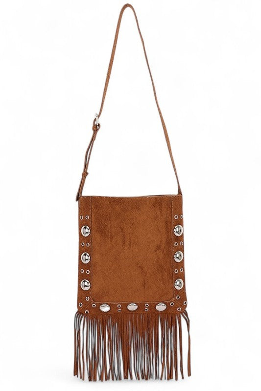 Metal Studs Fringe Faux Suede Crossbody Bag