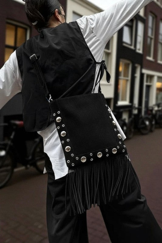 Metal Studs Fringe Faux Suede Crossbody Bag