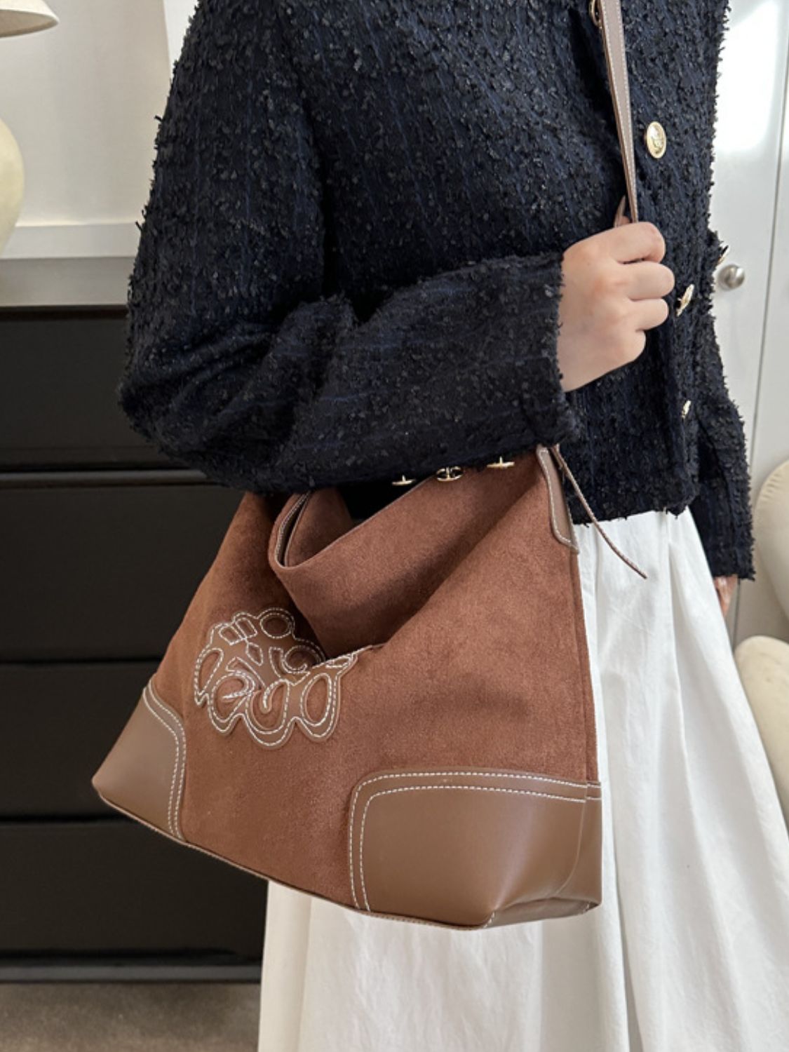 Suede Patch Adjustable Strap Vegan Leather Tote Bag - Comfort for Heavier Carry!