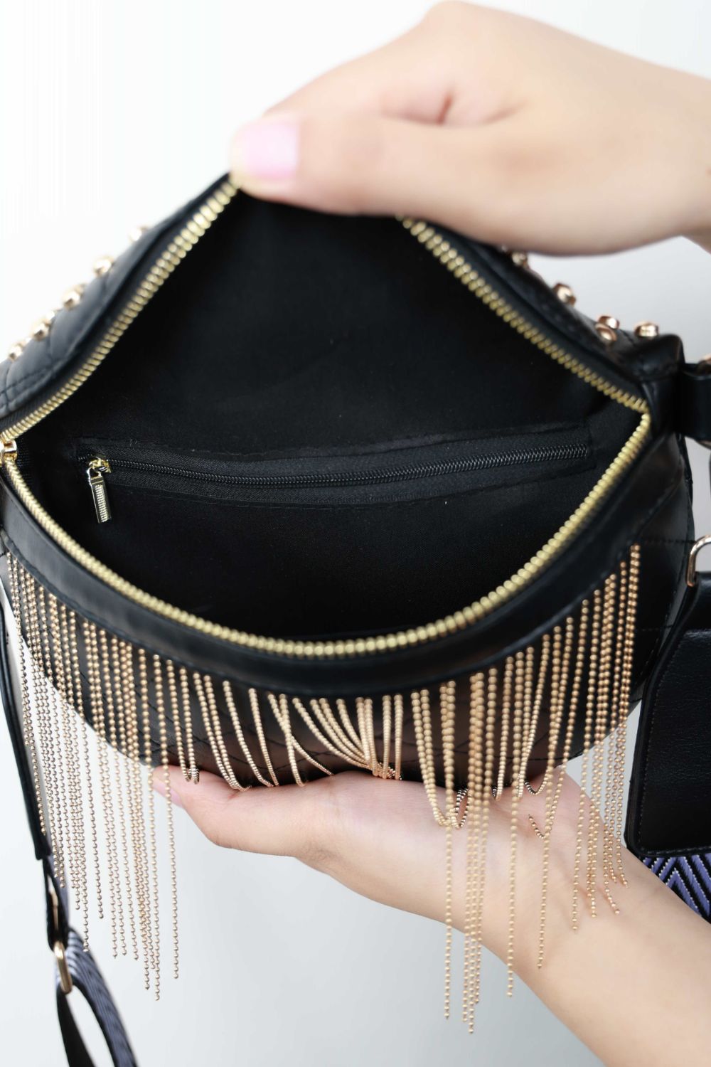 Adored Vegan Leather Studded Sling Bag with Fringes - Edgy Elegance for the Free Spirit!