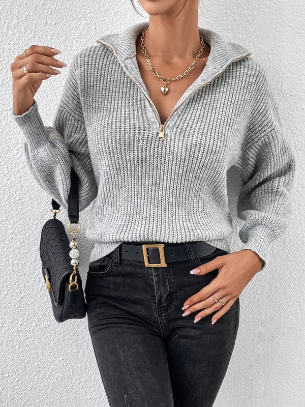 Acrylic Turtleneck Pullover Sweater with Half Zip Dropped Shoulder