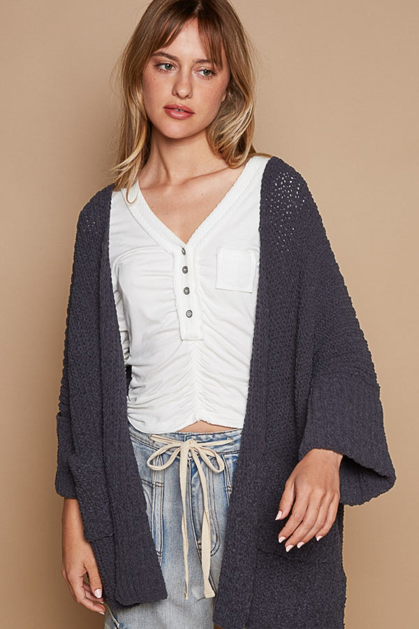 Open Front Cardigan Sweater with Pockets, Slightly Stretchy Polyester