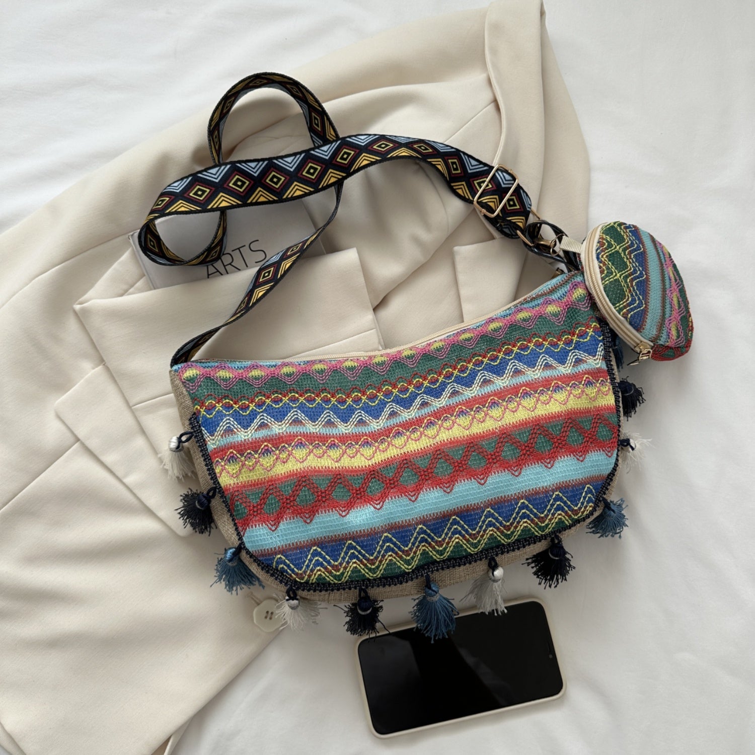 Printed Tassel Detail Crossbody Bag with Small Purse - Effortlessly Chic!