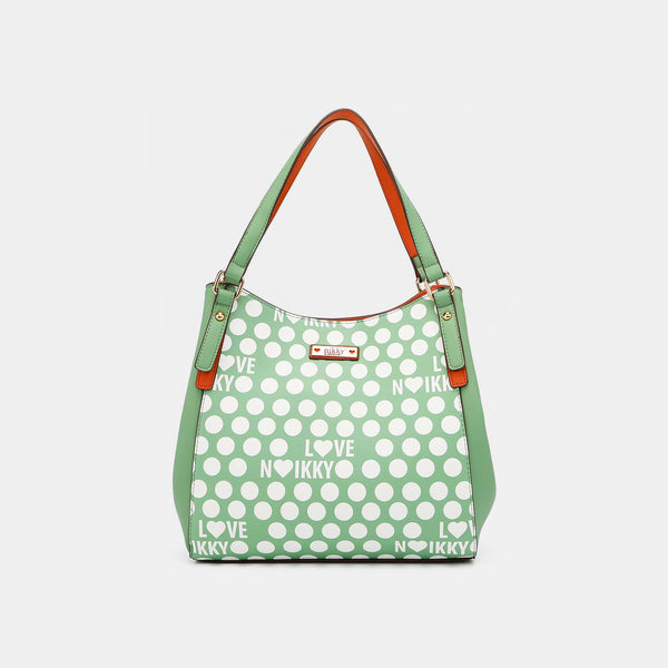 Vegan Leather Contrast Polka Dot Handbag with Spacious Compartments