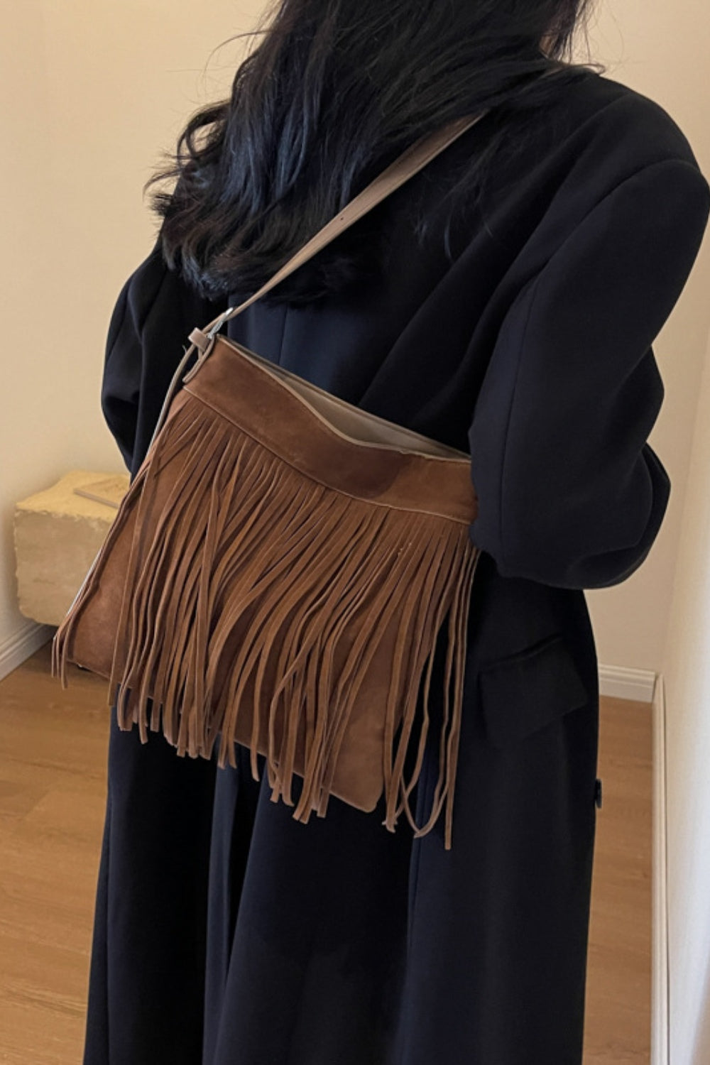 Suede Vegan Leather Fringe Adjustable Strap Shoulder Bag - An everyday companion!