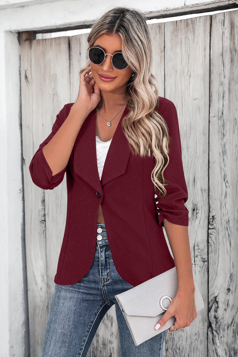 One Button Collared Neck Ruched Sleeve Blazer, Women's 100% Polyester, S-XL