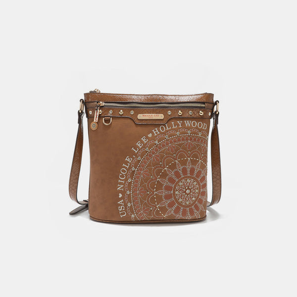 Vegan Leather Crossbody Bag with Zip Pockets and Rhinestone Embellishments