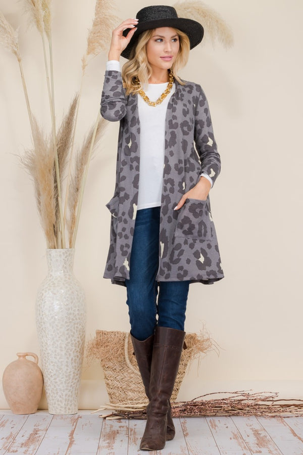 Polyester Spandex Leopard Open Front Cardigan with Contrast Details