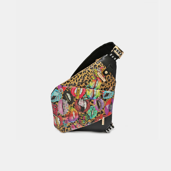 Vegan Leather Leopard Lip Pattern Adjustable Crossbody Bag with Pockets