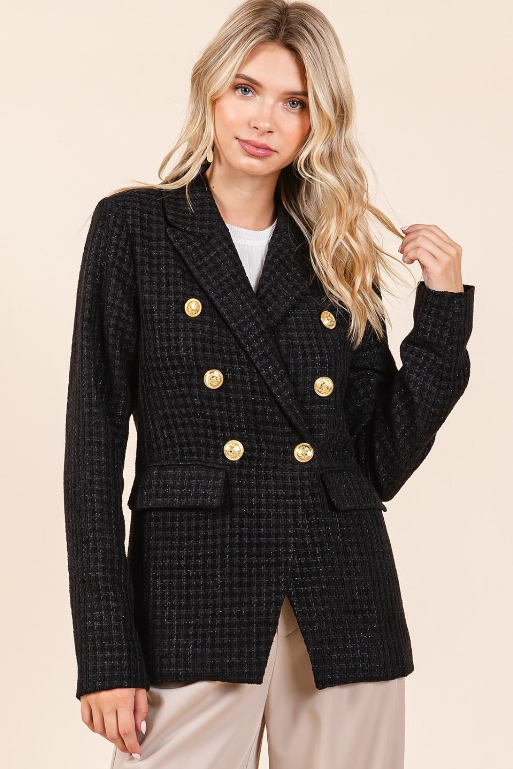 Blazer Jacket Women's Plaid Texture Double-Breasted Long Sleeve Cardigan