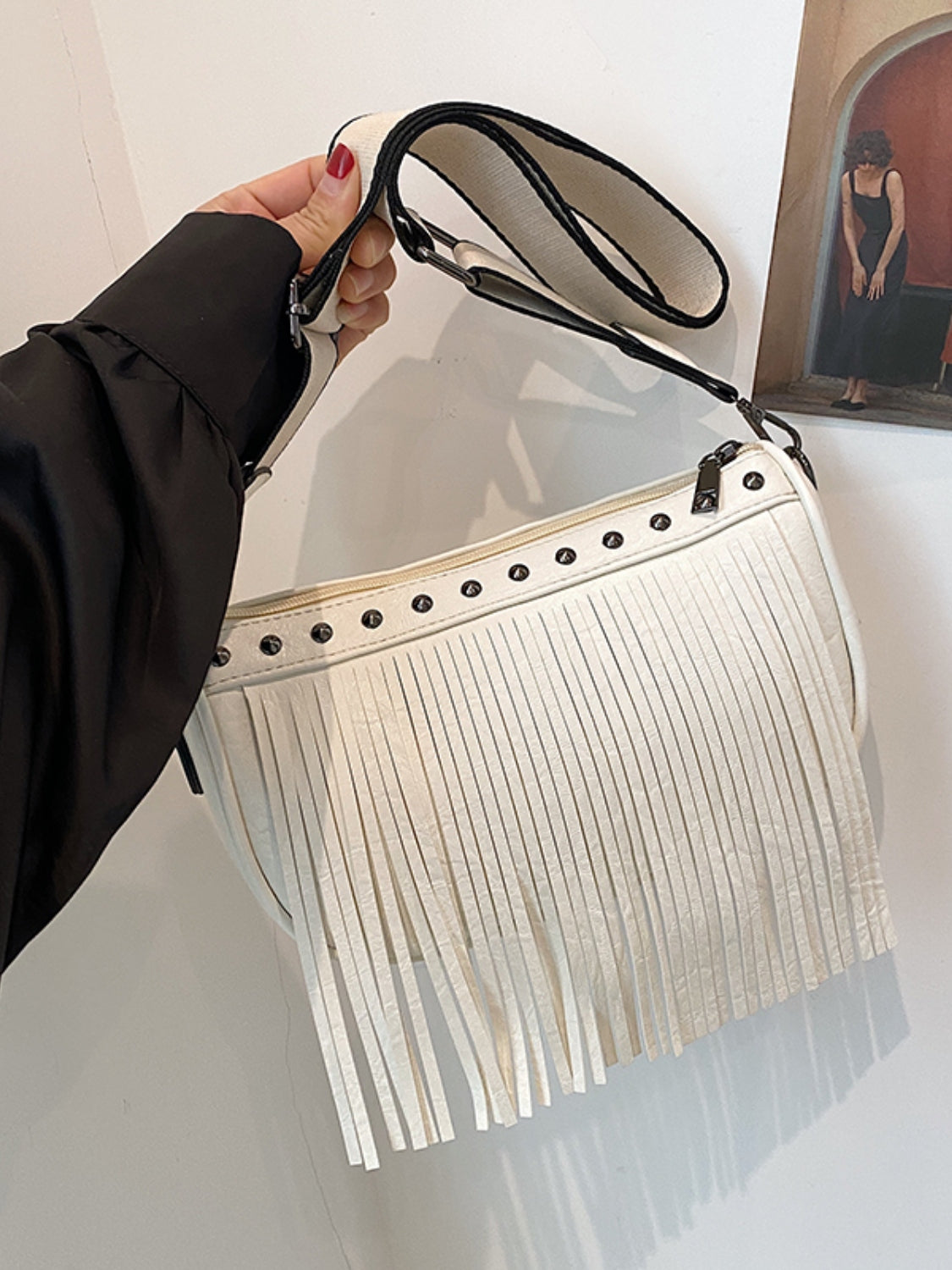 Vegan Leather Fringe Studded Crossbody Bag - Turn heads with this chic bag!