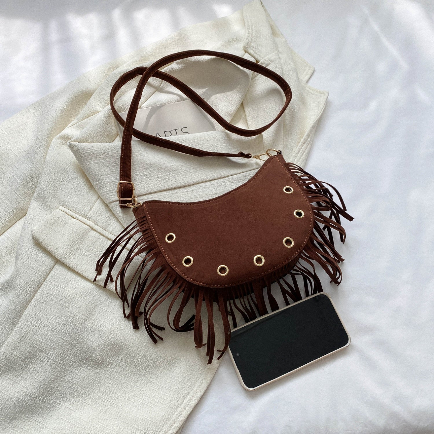 Fringe Detail Suede Leather Crossbody Bag - Add a touch of western flair!