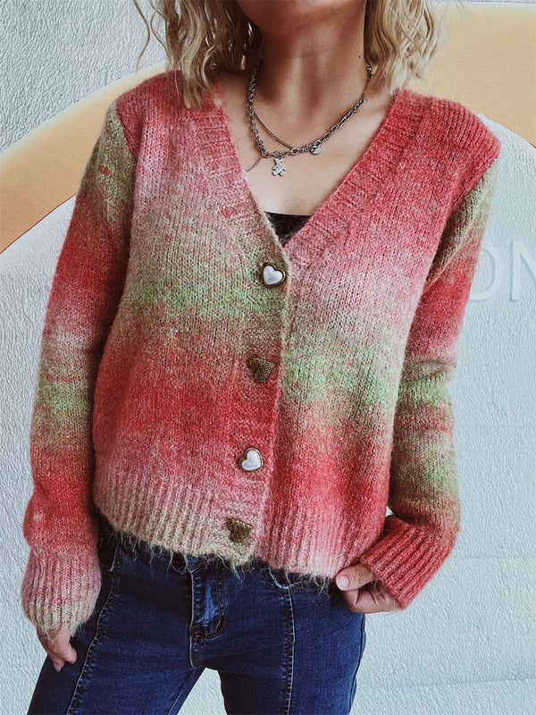 Gradient Heart Shape V-Neck Cardigan with Buttons and Moderate Stretch