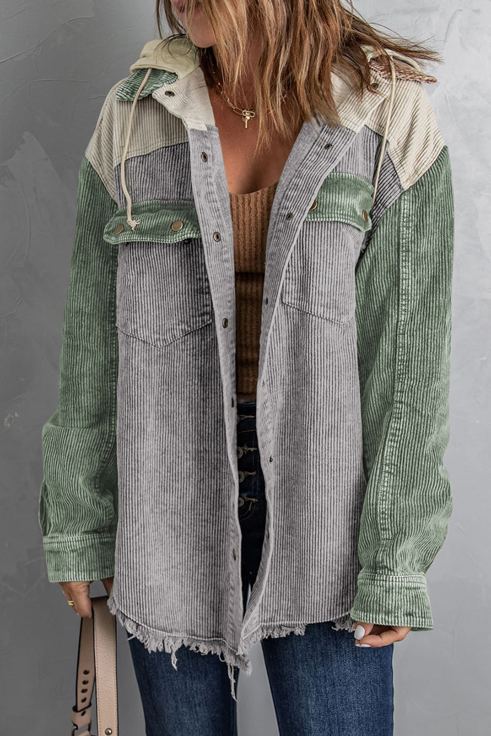 Drawstring Pockets Corduroy Shacket Relaxed Vibe Hooded Cardigan