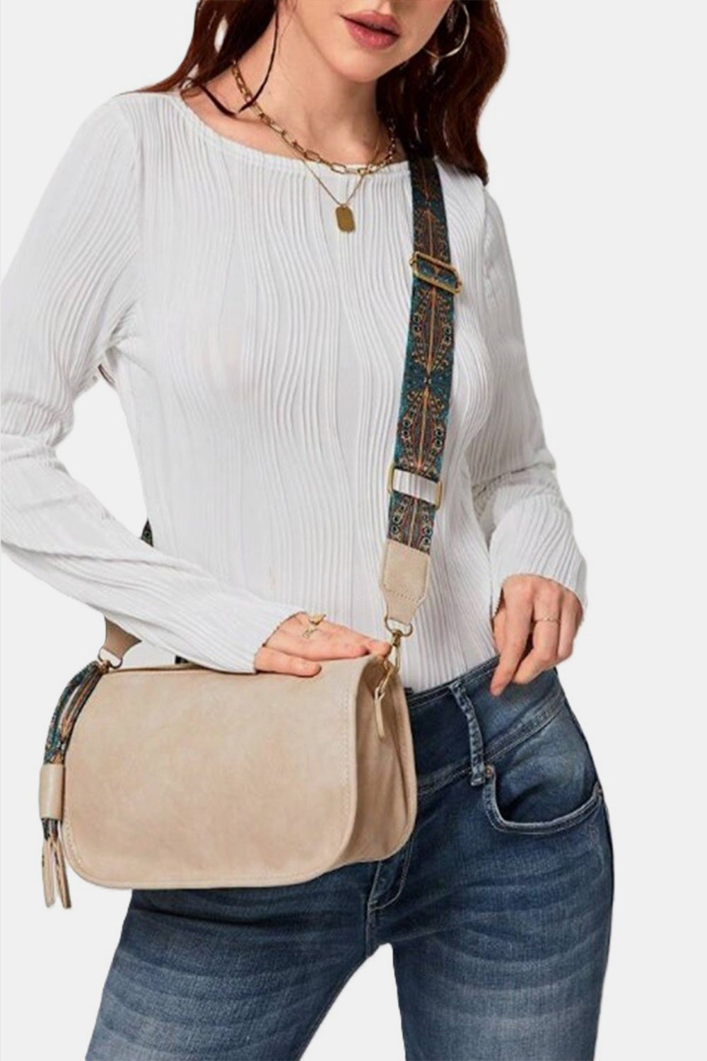 Vegan Leather Graphic Pattern Zipper Shoulder Bag with Adjustable Strap