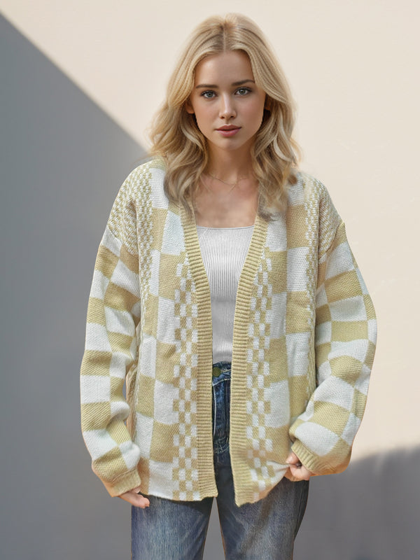 Checkered Open Front Shoulder Cardigan Polyester Stretchy Machine Wash