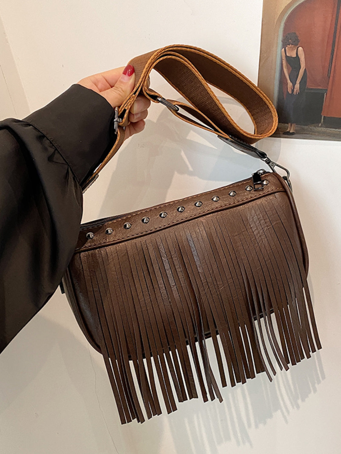 Vegan Leather Fringe Studded Crossbody Bag - Turn heads with this chic bag!