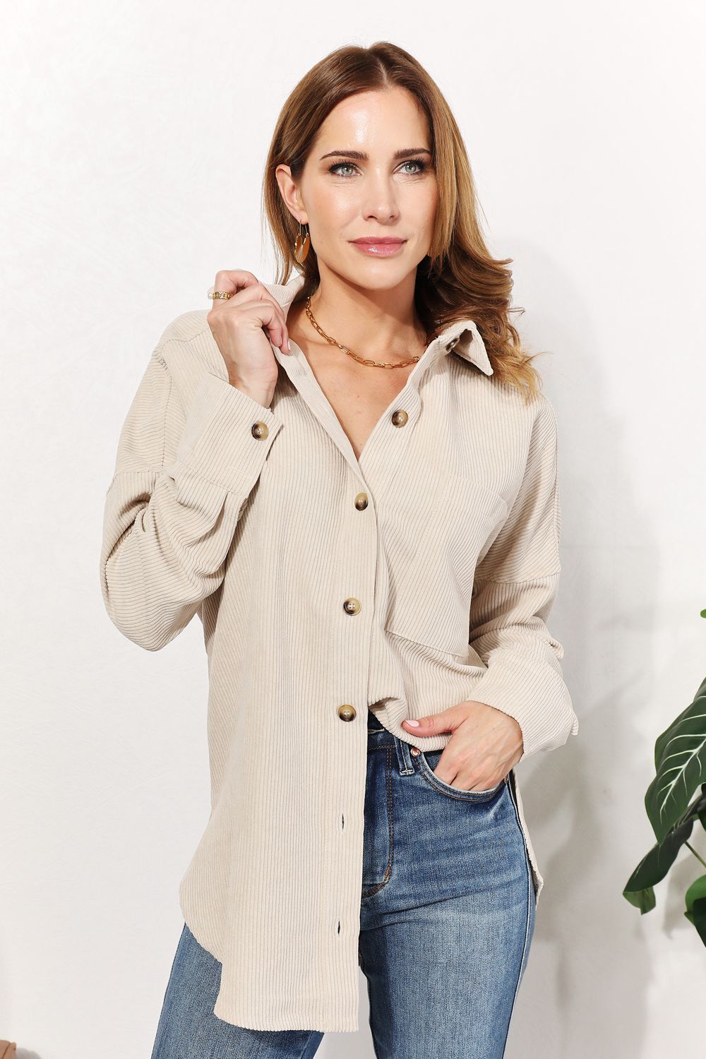 Women's Corduroy Tunic Shirt with Bust Pocket & Oversized FitNew