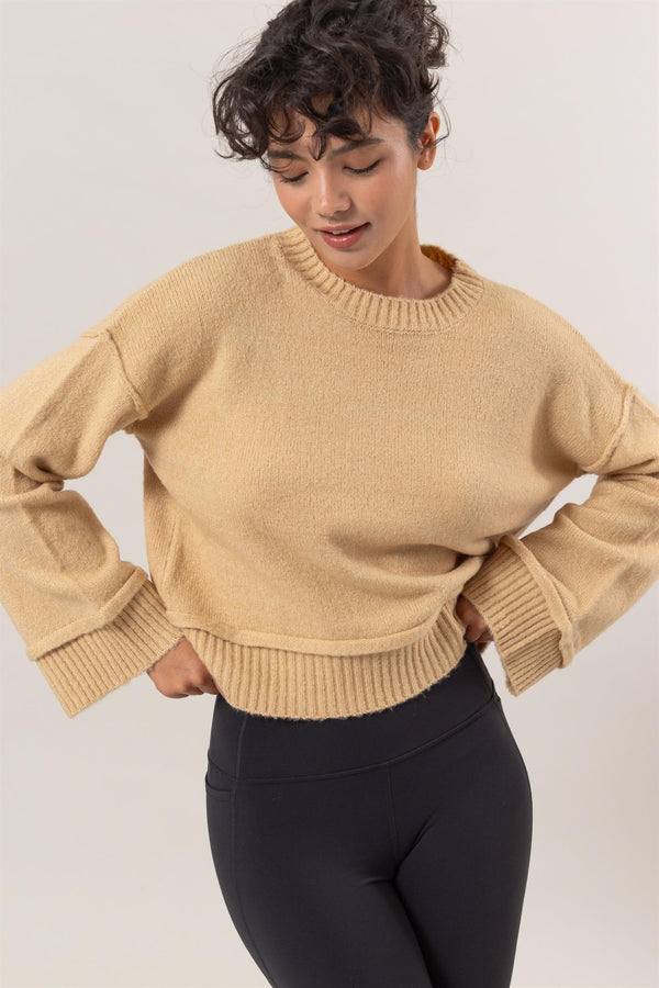 Ribbed Round Neck Drop Shoulder Sweater