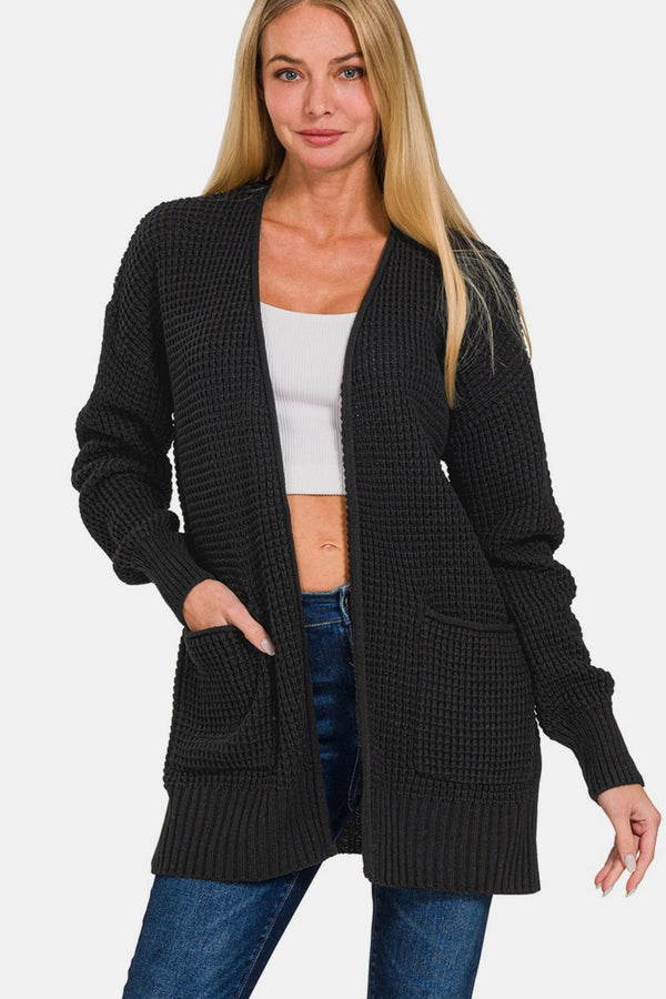 Zenana Women's Waffle Knit Open Front Cardigan with Pockets, Acrylic