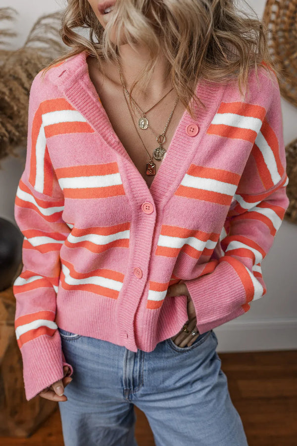 Striped Button-Up Long Sleeve Cardigan for Women, Lightweight Fabric