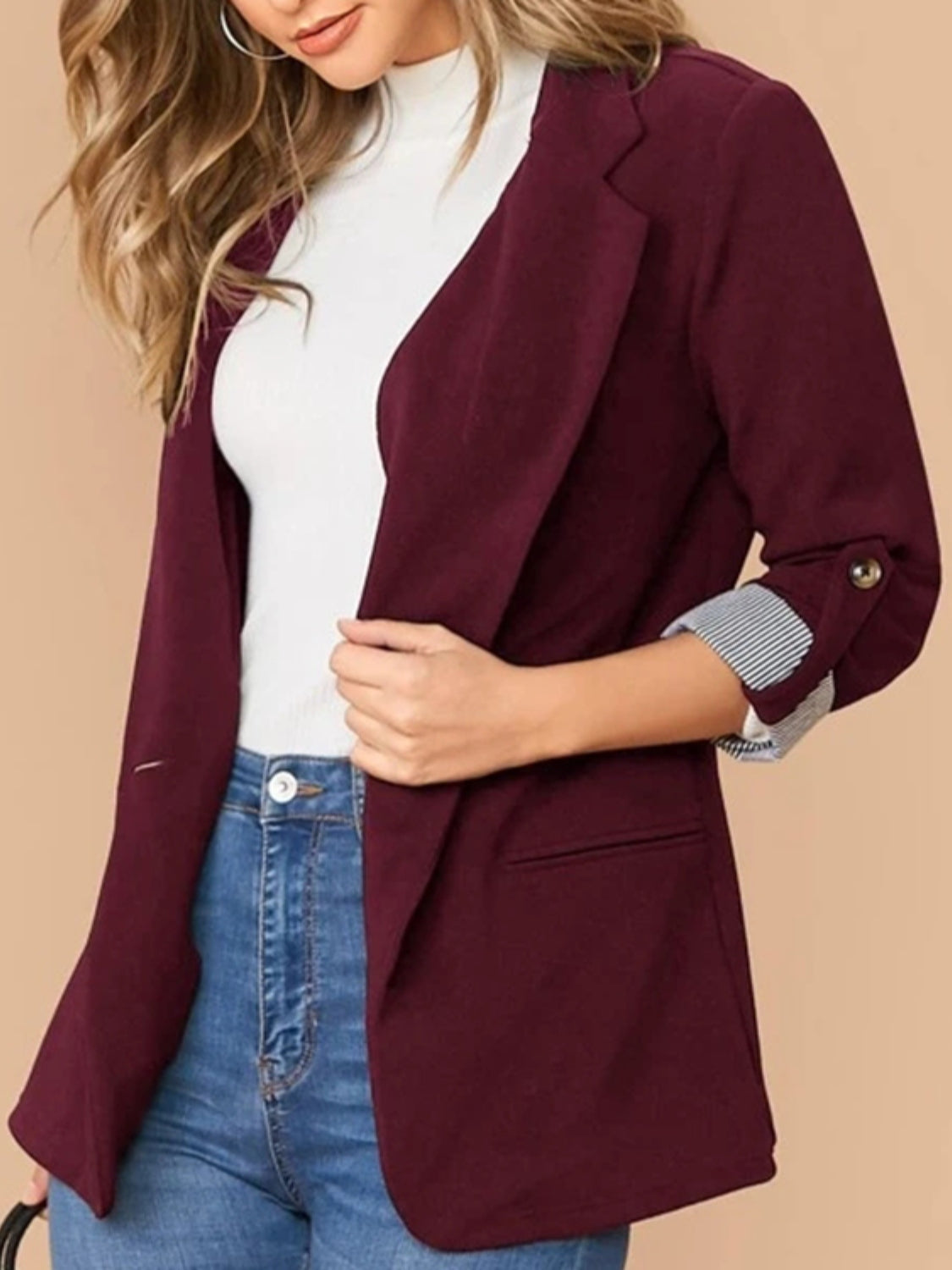 Lapel Collar Roll-Tab Sleeve Blazer Women's Comfortable Polyester-Spandex, S-XL