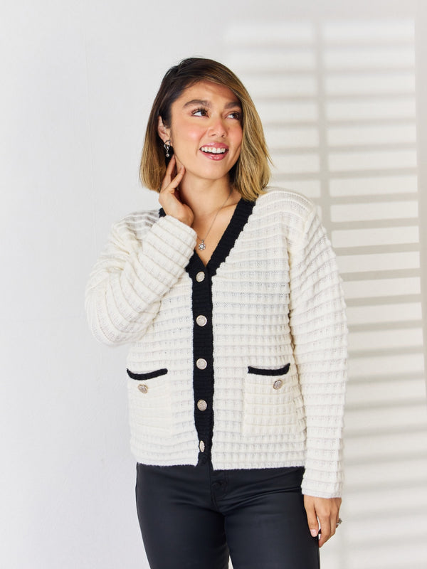 Contrast Trim Button Up Cardigan with Pockets and Moderate Stretch