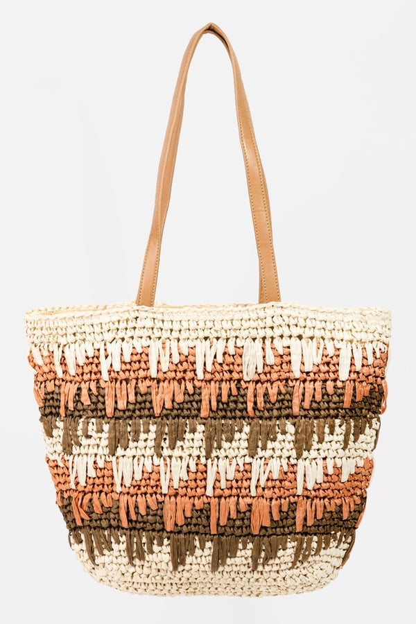 Fame Straw Braided Striped Tote Bag - Beach Days & Summer Vibes!