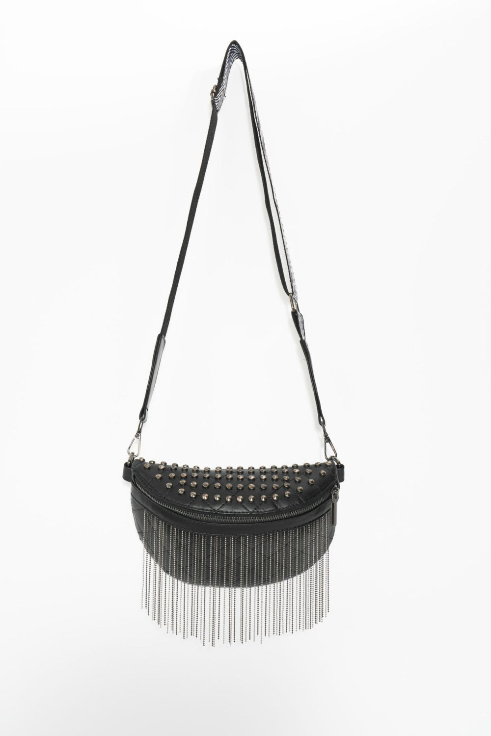 Adored Vegan Leather Studded Sling Bag with Fringes - Edgy Elegance for the Free Spirit!