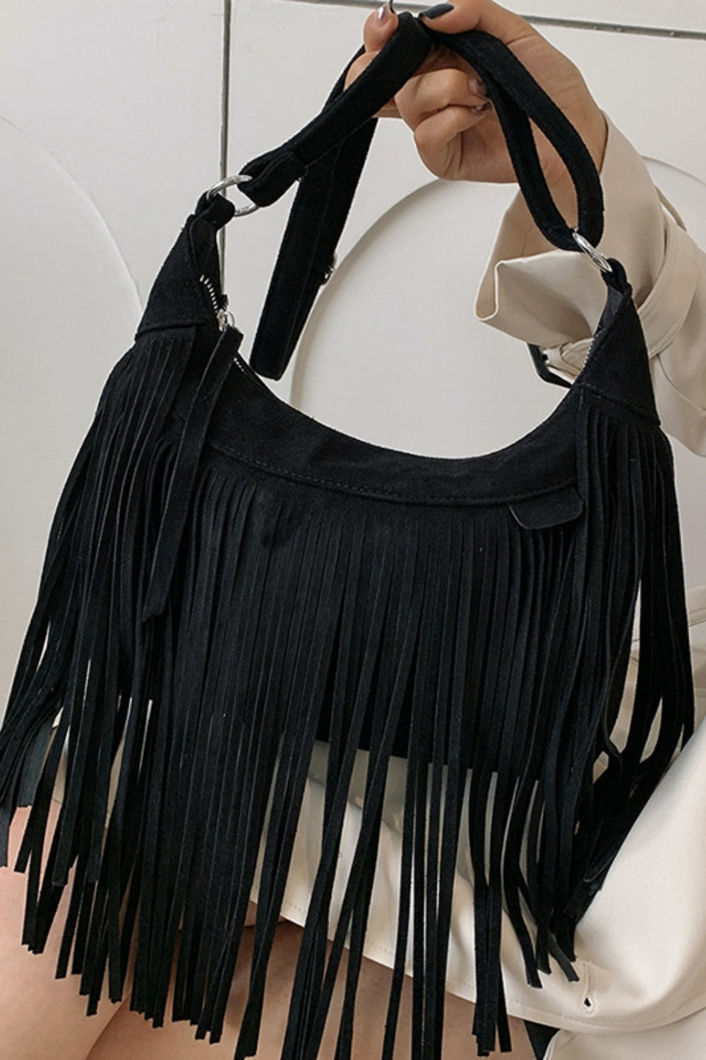 Suede Fringe Adjustable Strap Shoulder Bag - Bohemian Chic Flavor!